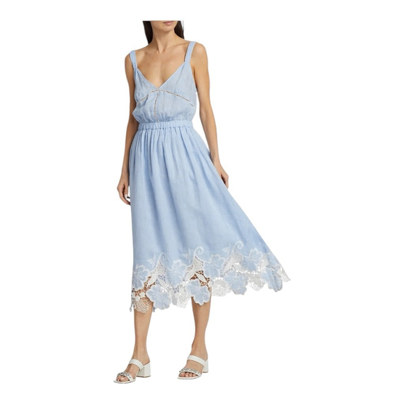 Ramy Brook Aubriella Blue and White Lace Trimmed Midi Dress...